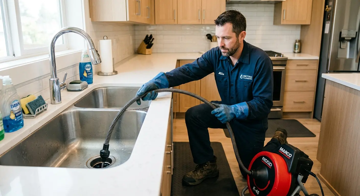 Drain cleaning technician using a motorized snake on a kitchen sink in New Boston