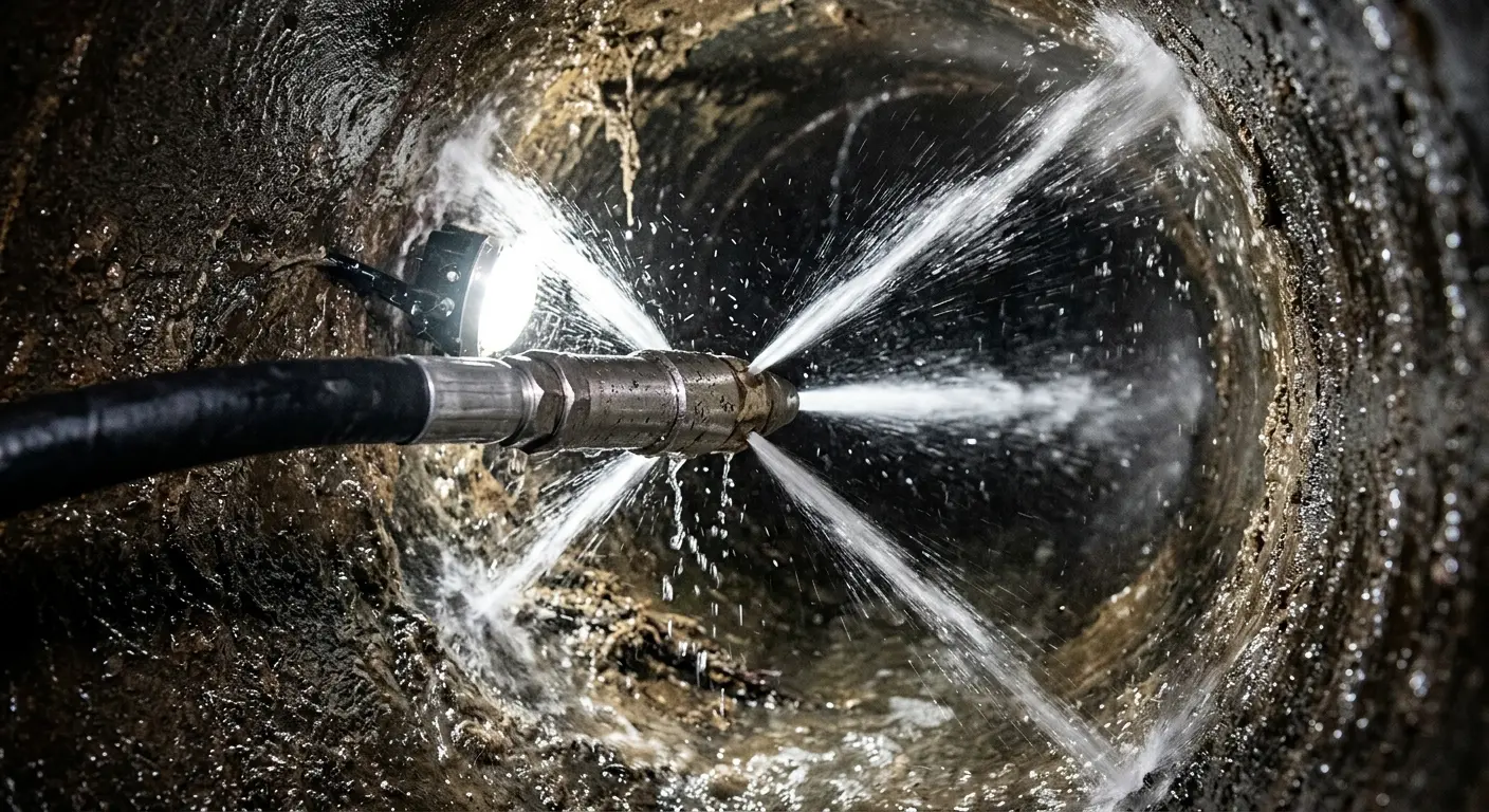 High-pressure hydro jetting nozzle cleaning sewer pipe for Trenchless Sewer Repair in New Boston