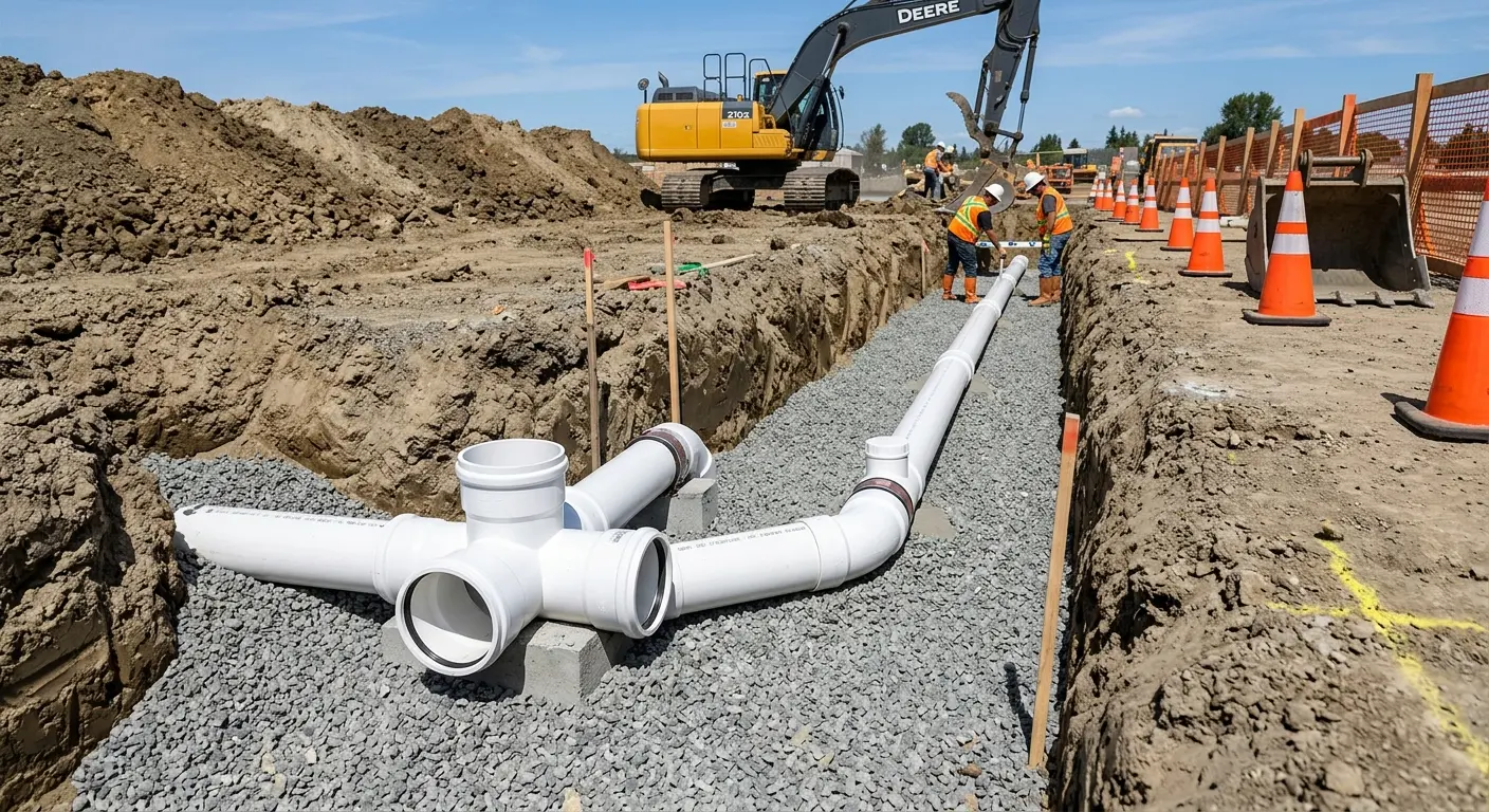 New PVC sewer pipe installation in open trench for Commercial Drain Cleaning in New Boston