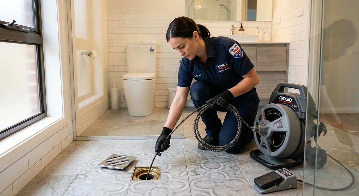 Technician clearing a bathroom floor drain for Sewer Line Replacement in New Boston